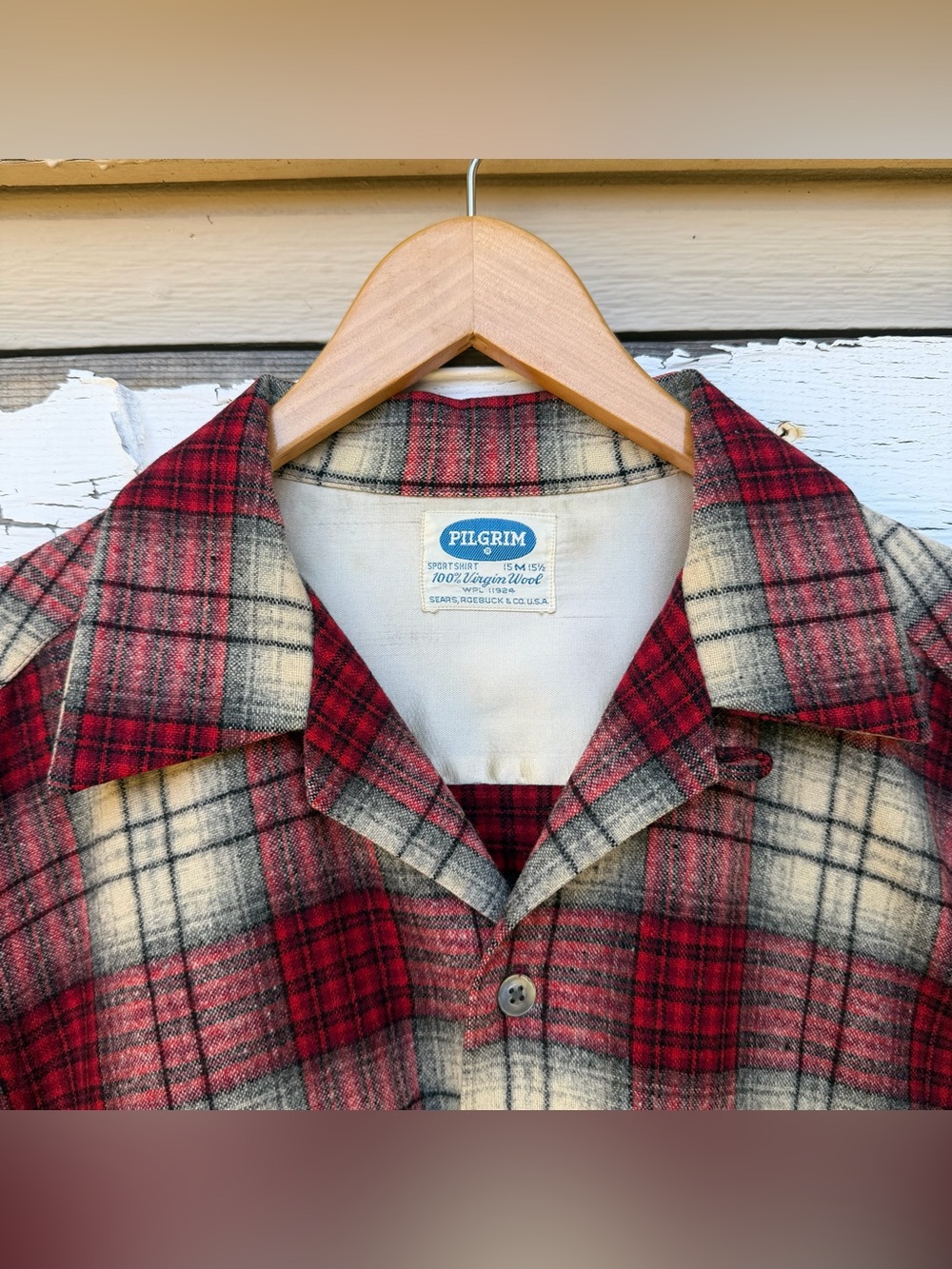 1950s Sears Roebuck Pilgrim Loop Collar Shirt red and cream Plaid 100% Wool